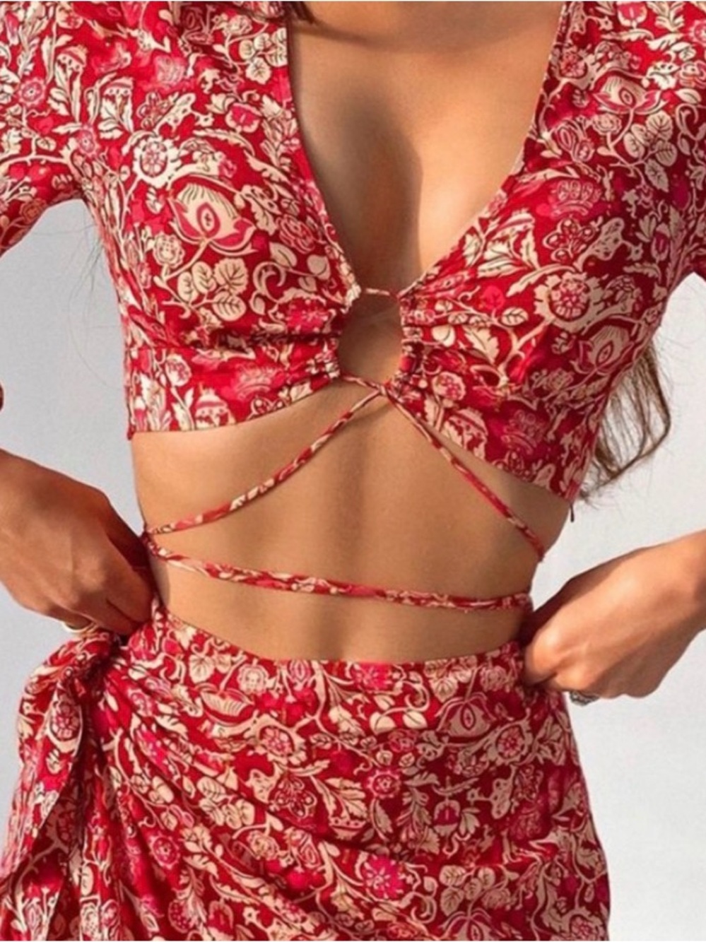 Zara Women’s Red Floral Tie-Front Crop Top & Skirt Set